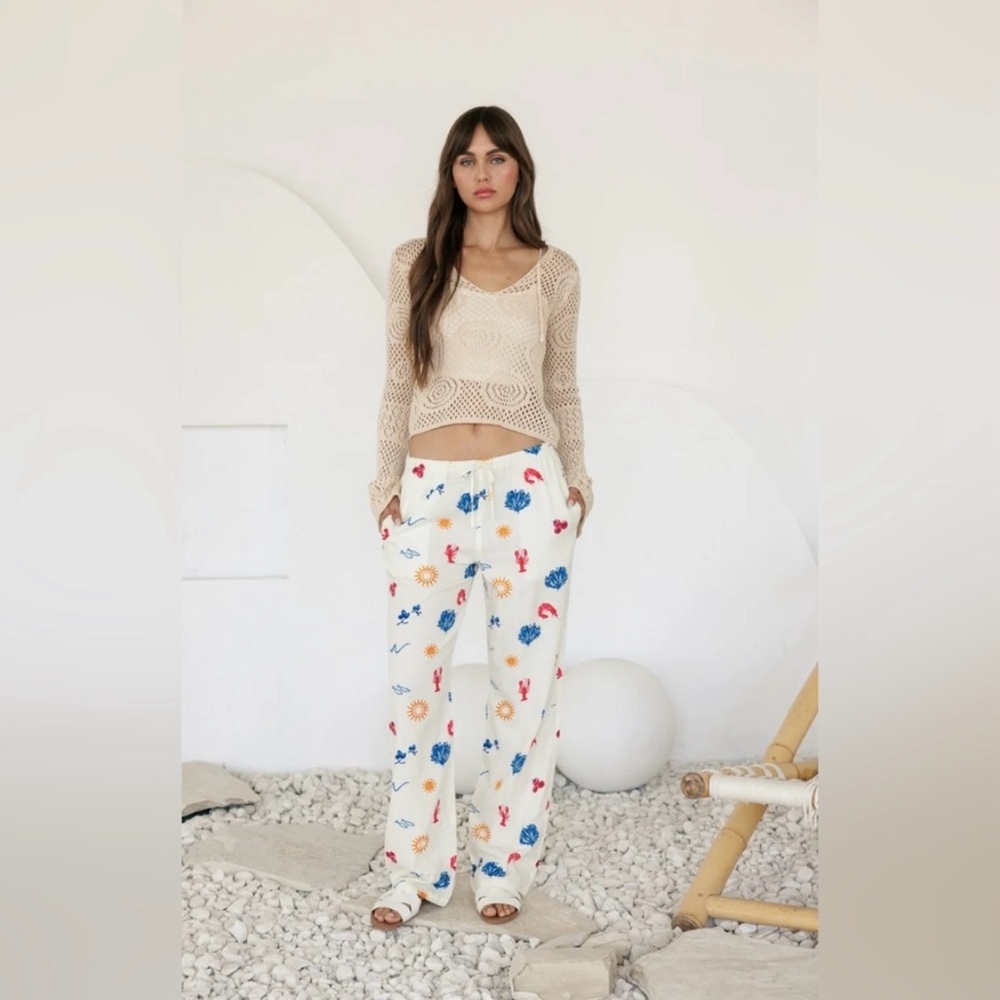 Cali 1850 Printed Linen Pull On Pants |Timeless Elegant Vacation‎ Style | Sz L